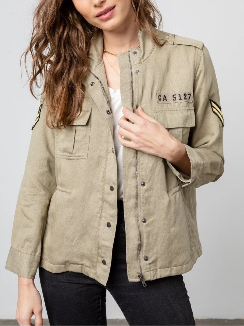 Rails Trey Light Sage Arrow Patch Military Zipper Jacket Tencel Linen Blend XS